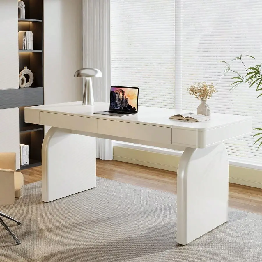 White Desk With Drawers, 63-Inch Modern Elegant Glossy Executive Office Desk, Simple Work Study Desk Writing Table Home Office (Cream White)