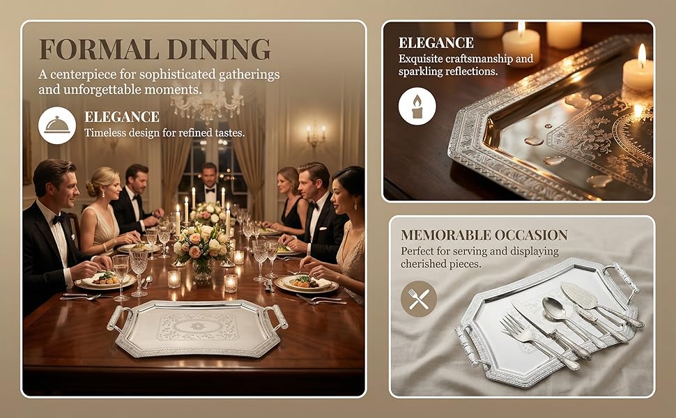 Binaural Tray Bread Plate Tray Stainless Steel Serving Plate Vintage European Style Metal Dessert Platter for Coffee Tea Cake Spaghetti Wedding Home Kitchen Restaurant, Antique Silver