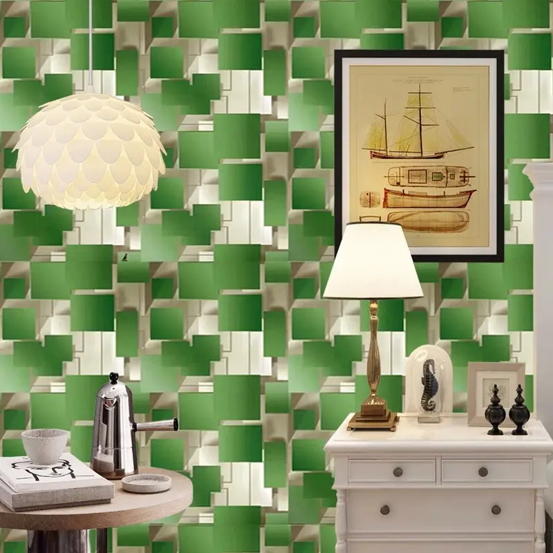1 roll 17.72 Inches width optional 118.11/196.85/393.70 Inches 3D geometric green grid peel and stick wallpaper, DIY renovation for living room bedroom study kitchen entryway TV backdrop