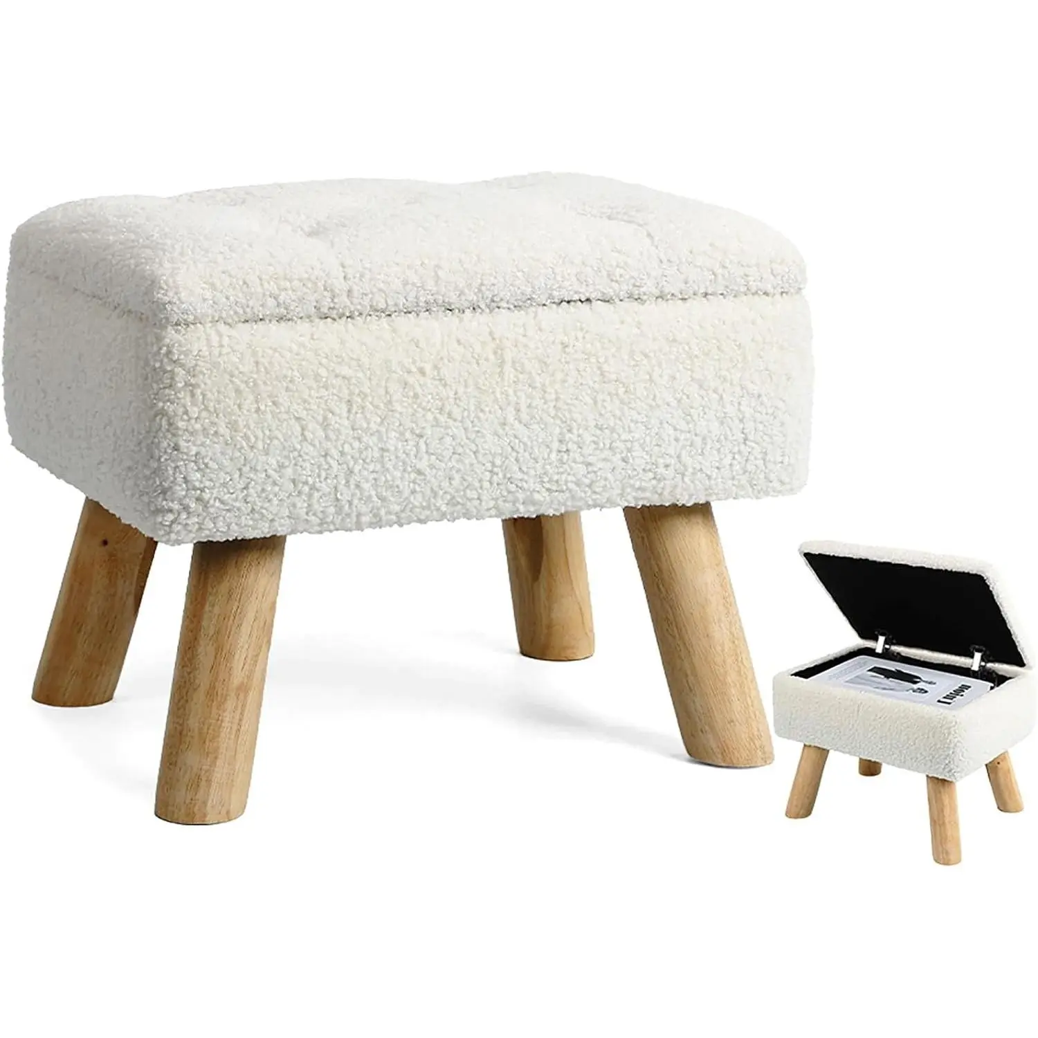 Velvet Rectangular Storage Ottoman with Sturdy Legs, Boucle Teddy Padded Seat Foot Rest for Living Room, Bedroom (Cream)