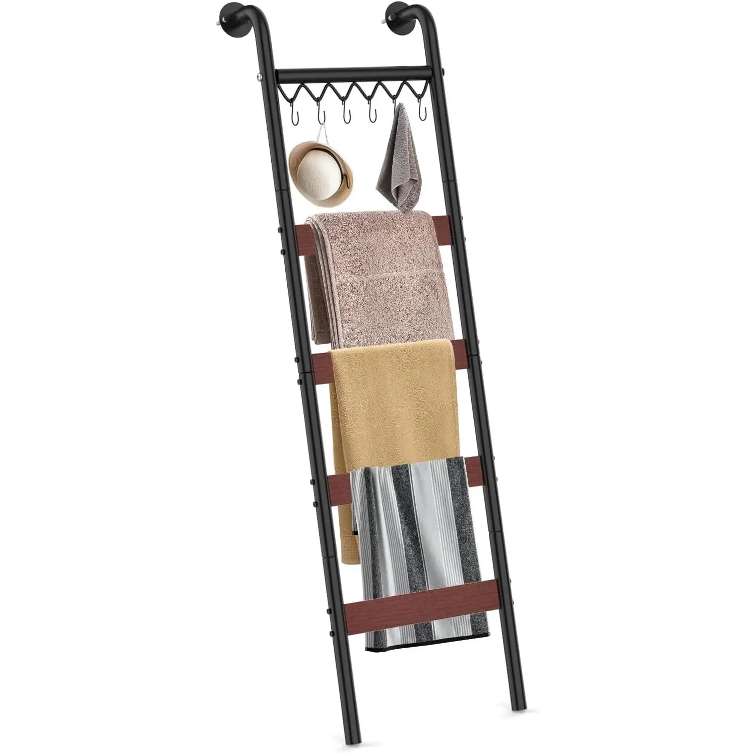 5 Tier 5.6ft Wooden Blanket Ladder Wall-Leaning Blanket Rack Holder Decorative Display Ladder Shelf for Storage and Home Decor Rustic Brown and Black