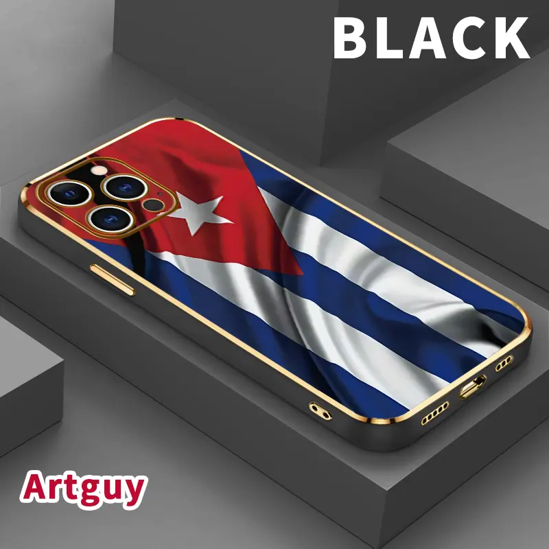 Luxury Electroplating Soft TPU Mobile Phone Case for iPhone 11/12/13/14 Plus/15 Pro Max/16/17 Air, Cuba's Waving Flag Pattern, Anti-Fingerprint Back Cover with Protection, Accessories