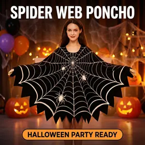 1pc Spooky Spider Web Halloween Costume Poncho, Black Batwing Cape for Adult, Easy Halloween Outfit