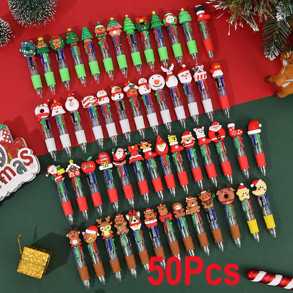 50 Pcs Christmas Character 10-in-1 Multicolor Pens Cute Shuttle Ink Pens 50 Assorted Holiday Designs for Classroom Rewards Stocking Stuffers Christmas Gifts