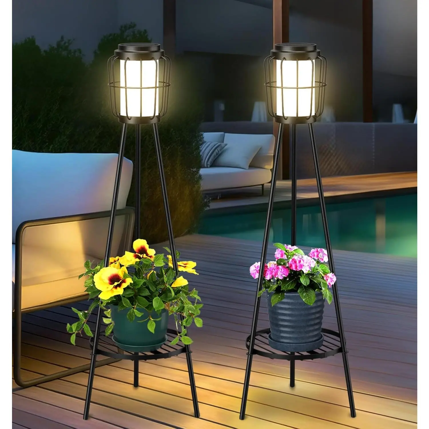 2 Pack Solar Lights with Plant Stand, Outdoor Floor Lamps, Waterproof Solar Powered Floor Lamps for Patio Deck Porch Yard Garden Decor