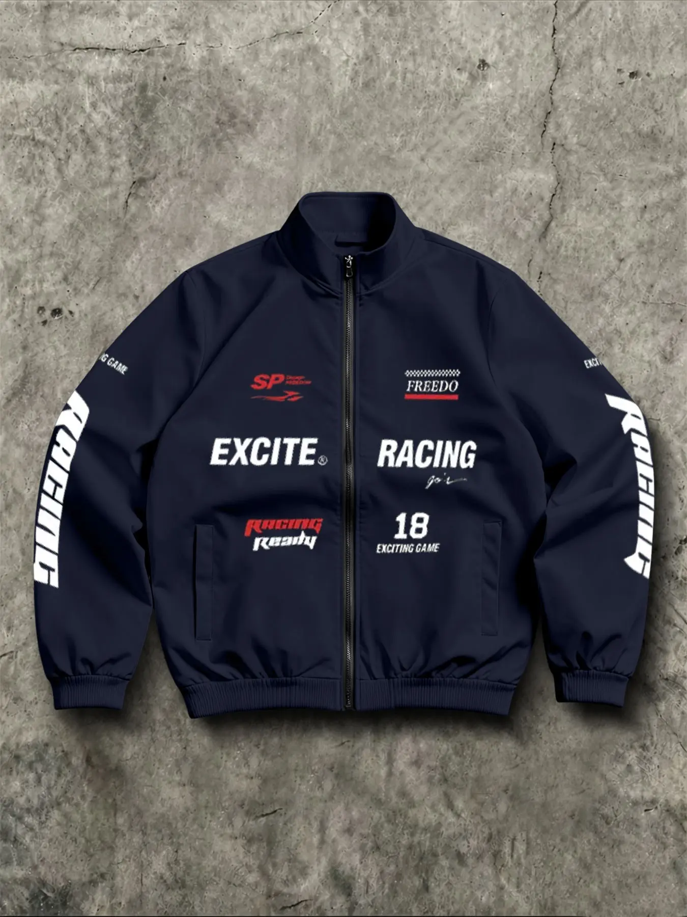 American Racing Motorcycle Style Stand Collar Zipper Jacket, Retro Race Track Design, Sleek Short Fit, Body-Neutral