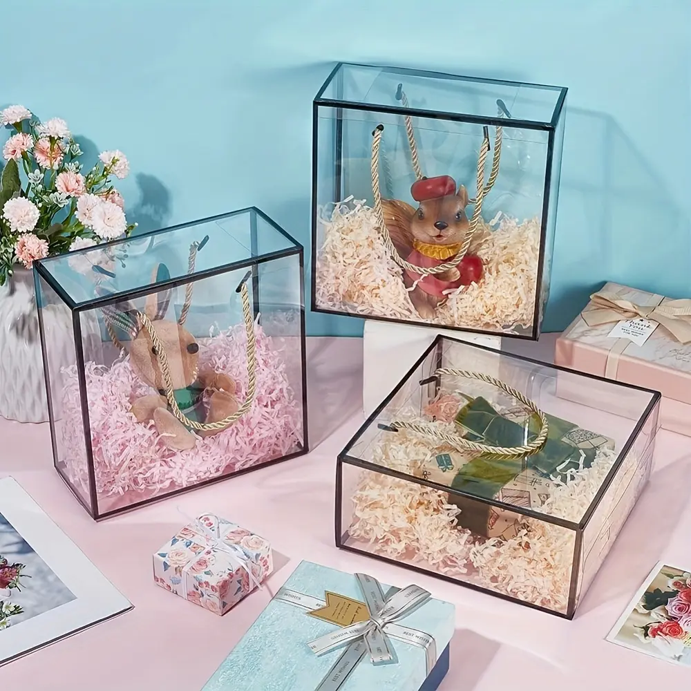 12 Elegant packaging, transparent gift boxes, with gold/white/black decorative edges, suitable for jewelry, small items, flower arrangements, made of PET material, standalone design