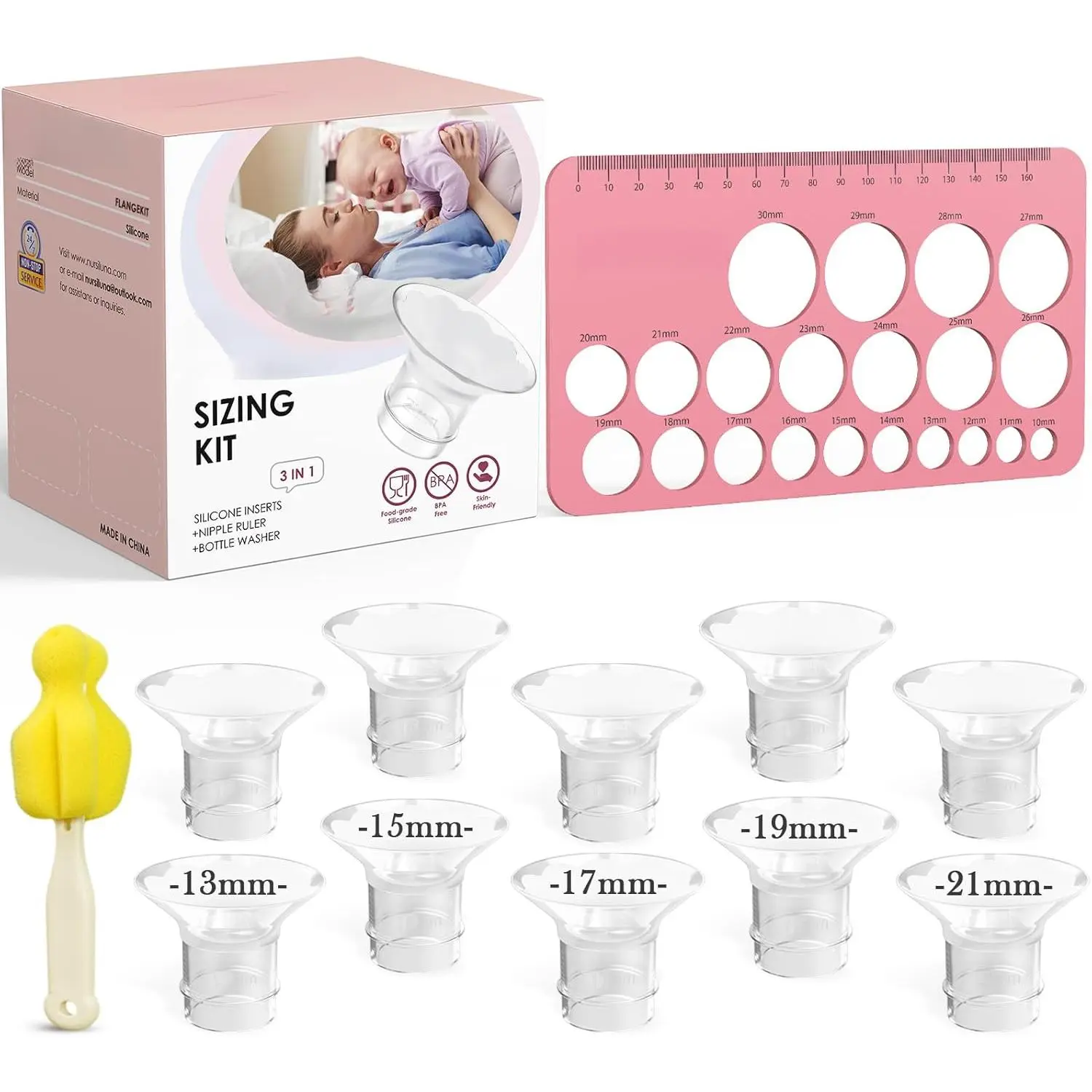Flange Sizing Kit 3-in-1 with 13/15/17/19/21mm  24mm Electric Breast Pump Flanges/Shields, 10PCS Soft Silicone Flange Inserts  More Comtable Pumping, BPA-Free, Essential  Moms New model