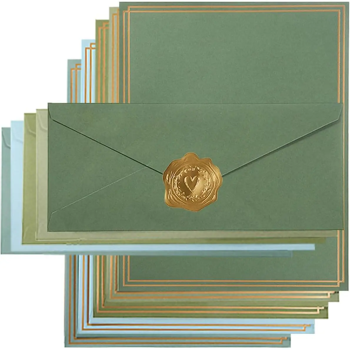 50 Pack Colored Stationery Set, 5 Colors #10 Business Envelopes, Sage-Green | 50 Sheets 8.5x11 Paper,  Stickers, For Office, Letters, Invitations