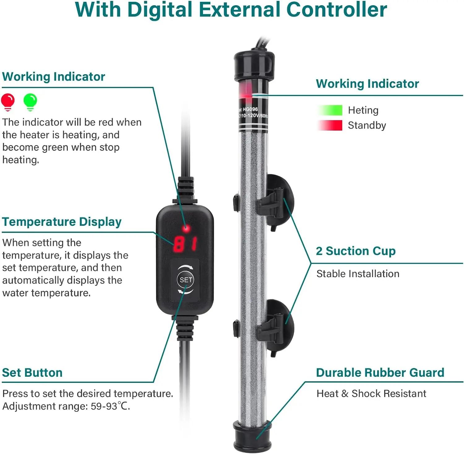 Submersible fishtank heater 100W 150W 200W 300W Adjustable Fish Tahk Heater with Temperature Controller, LED Display, Small Aquarium Betta Heater for up to 20/26/40/48 Gallons