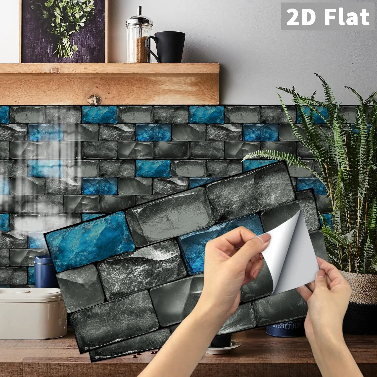 6/12/24/48Pcs FG Vintage PVC Tile Stickers, Black Blue Faux Culture Stone, Peel and Stick Waterproof Oilproof Backsplash for Kitchen Bathroom