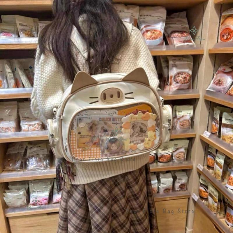Y2K Korean Cute Cat Ita Bag Japan Kawaii PU Crossbody Bag Girls Transparent Pocket Harajuku Shoulder Bag Silver Fashion Backpack