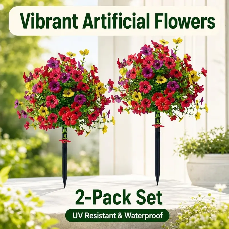 2 Bundles Artificial Violet Rose Bushes Outdoor UV Resistant Waterproof Garden Porch Patio Decor Low Maintenance No Watering Needed Mother's Day Gift