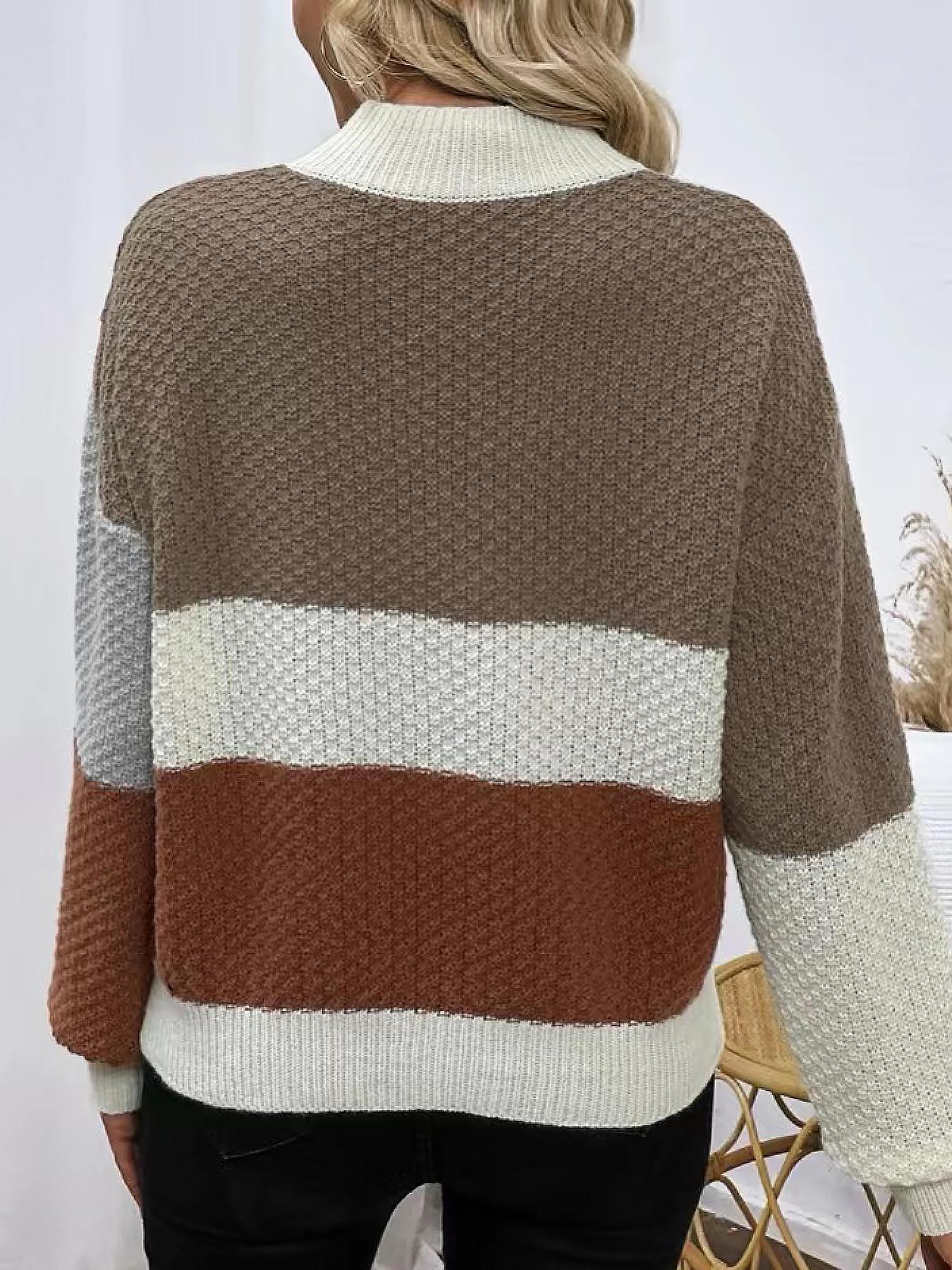 Women's Basic Chic Minimalist Colorblock Drop Shoulder Mock Neck Sweater, Lady Casual Comfort Soft Lightweight Textured Jumper for Daily Wear, Longsleeves Knitwear, Knitting, Going Out Outfits, Fall Clothing Women