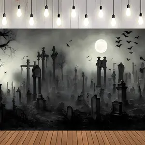 Full Moon Graveyard Backdrop, Spooky Woods Halloween Party Banner, Horror Cemetery Wall Decor, Creepy Photo Booth Props