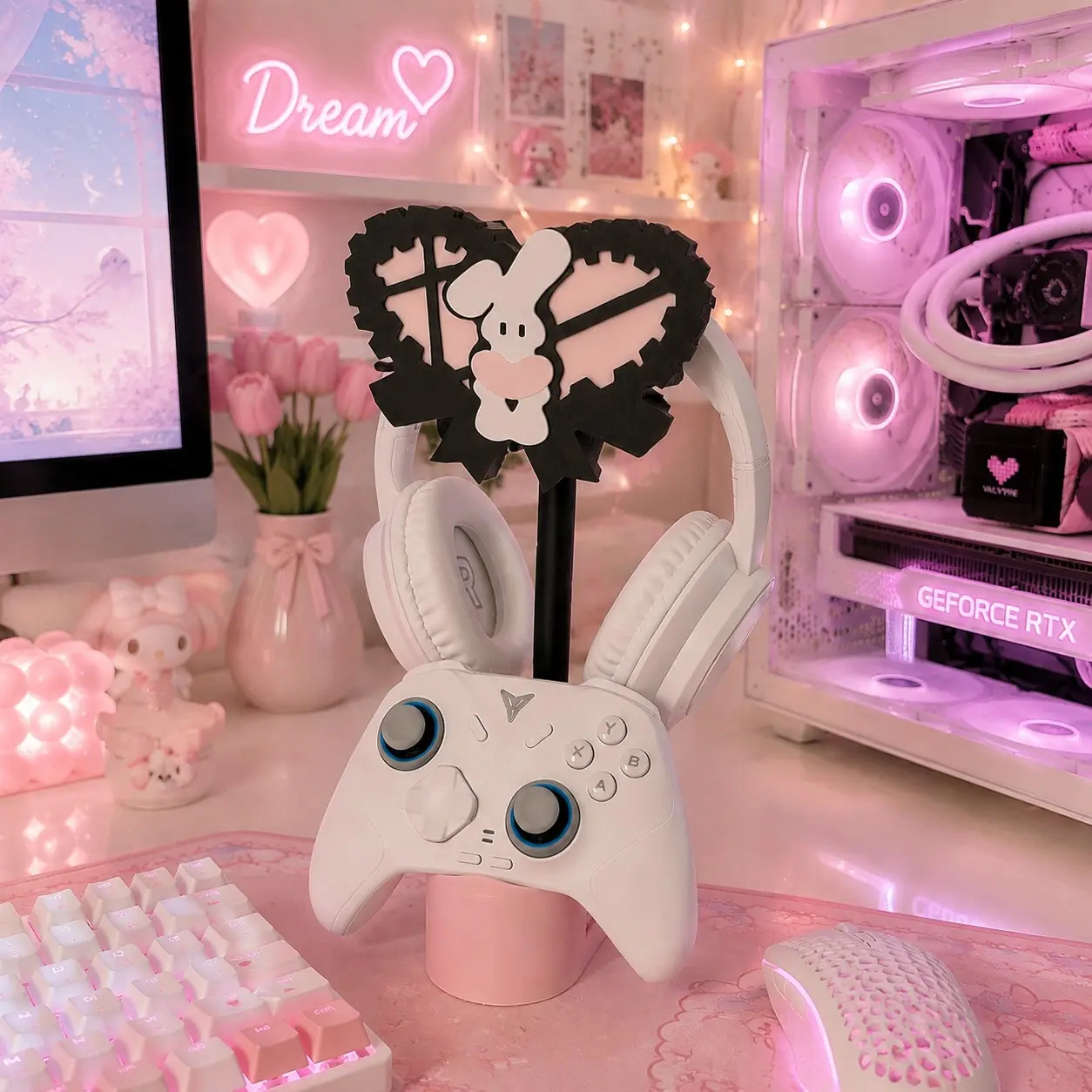 Gothic Heart Bunny Headphone Stand 2 in 1 Controller Holder Cute Pink Gaming Accessory Desktop Earphone Gamepad Support RGB PC Gamer Room Decor 3D Print Gift