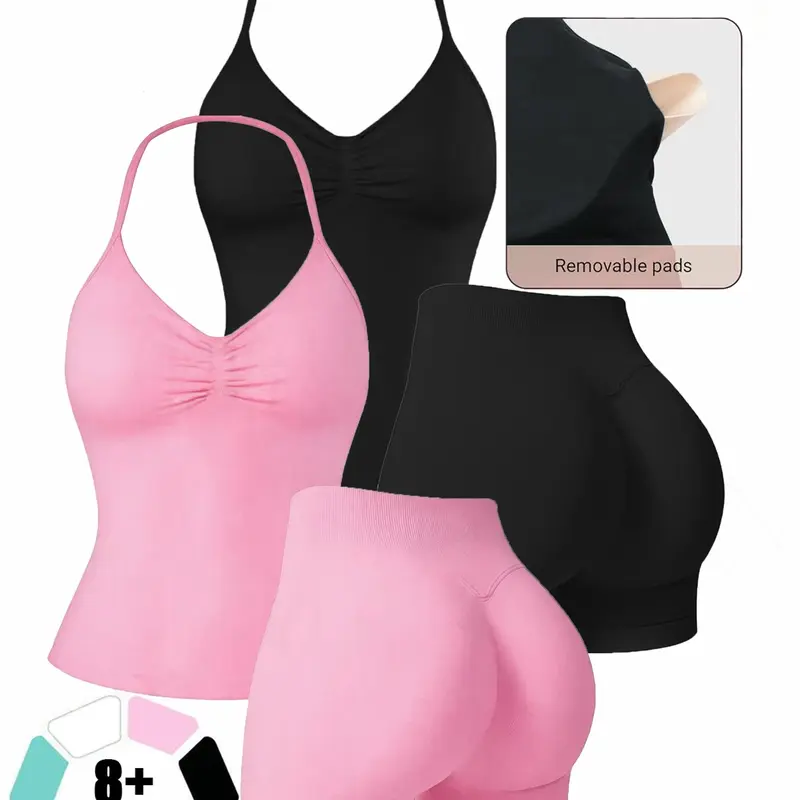Women's Two-Piece Solid Color Knitted Exercise Clothing Set, Halter Bra and High-Waist Shorts, Ideal for Intense Workouts and Outdoor Activities, High Elastic Fitness Clothing Workout Sets
