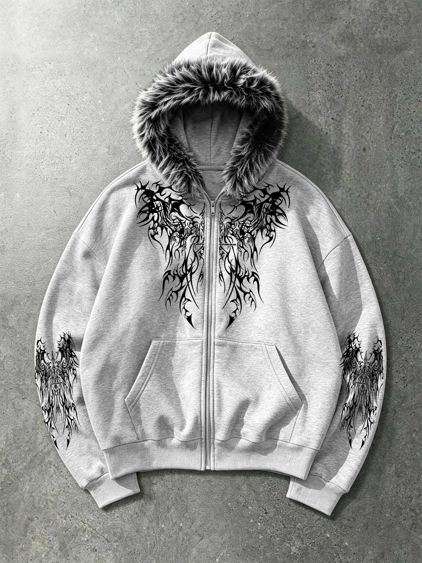 Men Zip Up Hooded Jacket, Furry Hood Trim, Gothic Tribal Wing Thorn Graphic Print, Kangaroo Pocket, Oversized Streetwear Coat, Winter Wear #MensJacket #GothicStyle #Y2KStreetwear #ViralFashion #TikTokMadeMeBuyIt