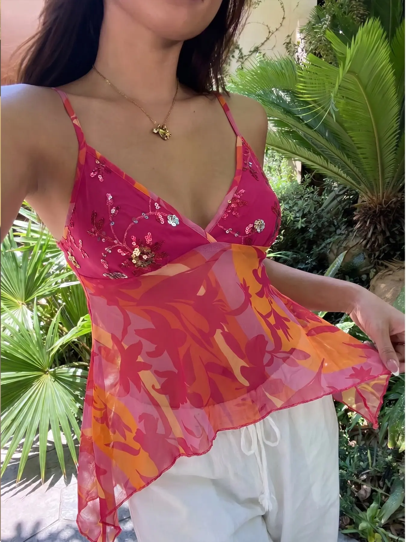 Women's Y2K hot pink and orange floral sheer spaghetti strap camisole, sparkling beaded embroidery, deep V-neck, adjustable shoulder straps, asymmetrical hem party tank top