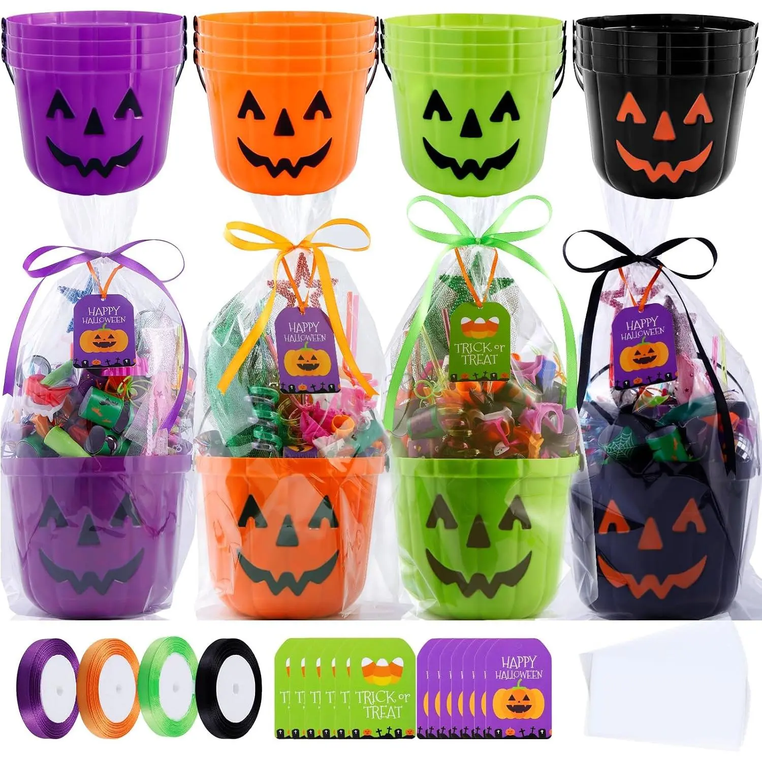 12 count Halloween Pumpkin Candy Bucket ,7.48 x 5.9 x 5.9 Inch | DIY Plastic Pumpkin Bucket with Bags Trick or  Pumpkin Basket Candy Pail Holder for Halloween Party Favor Supplies