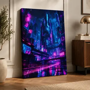 Neon City Wall Art Canvas Poster, Futuristic Cyberpunk Bedroom Decor, Purple Blue  Artwork, Gaming Room Aesthetic Wall Decor, Unframed Canvas Poster or Framed Canvas ,wall decor,poster.