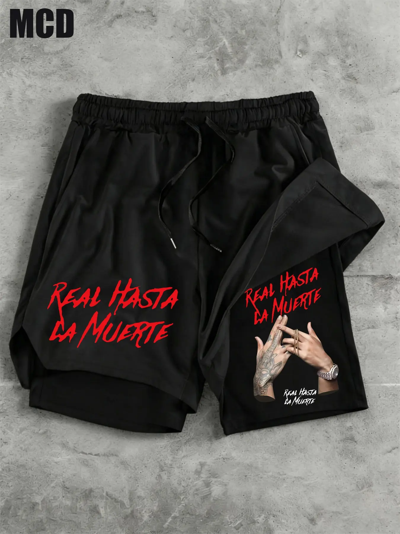 Mcd Hasta La Muerte Tattoo Print Shorts, Graphic Track Shorts, Unisex Quick Dry Stretch, Drawstring Waist, Gym Workout, Streetwear, Daily Wear, Casual Graphic Shorts