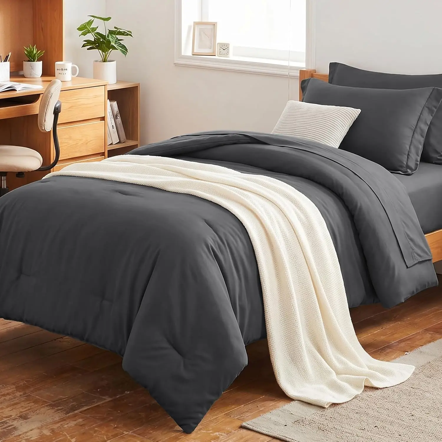 Twin XL Comforter Sets - 5 Pieces Twin Extra Long Bed in a Bag for College Dorm, All Season Bed Set with Comforter for Girls and Boys, Flat Sheet, Fitted Sheet, Pillowcase & Sham, Dark Grey