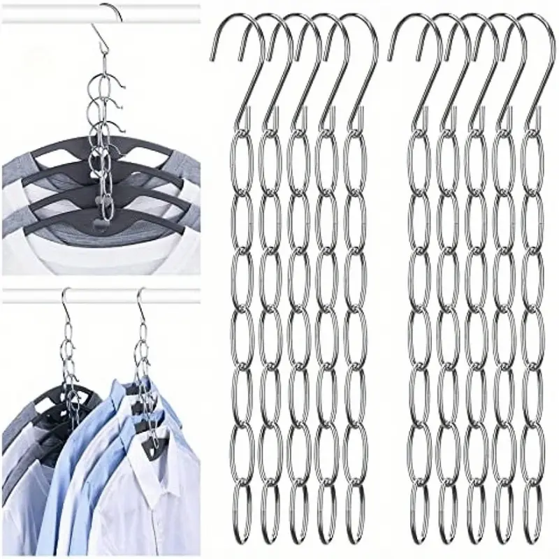10pcs 7-slot metal chain hanger, space-saving foldable organizer, multi-layer hanger, efficient storage, durable wardrobe accessories, clothes organizer storage.