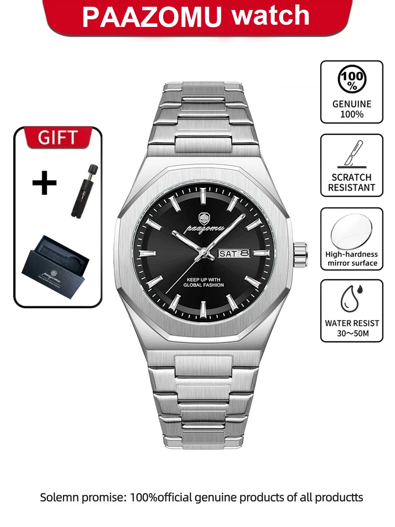 Paazomu Luxury Original Man Watch, Waterproof Stainless Steel, Luminous Men's Wristwatch, Analog Wristwatches, Date Week Quartz, Fashion Watches for Men