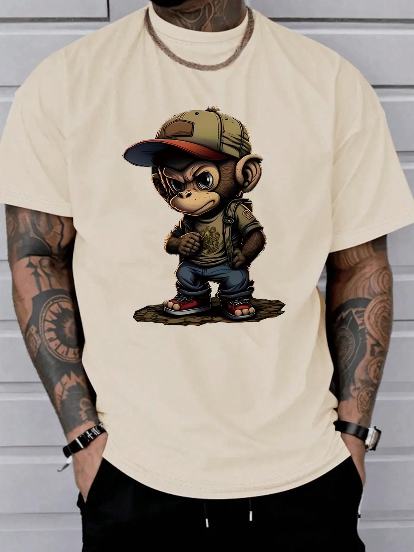 Men's Cartoon Monkey Print Round Neck Tee, Regular Fit Casual Comfy Streetwear Short Sleeve Crew Neck T-shirt for Summer, Fashion Men's Top for Daily Wear