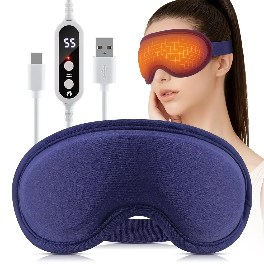 Heated Eye Mask Massager – 5 Heat Levels 35-55℃, 6 Vibration Modes, 3D Contoured, USB, Gift for Women Men Travel Office