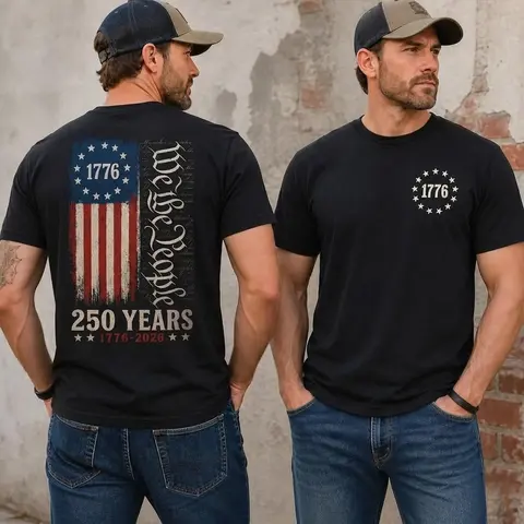 Men's Classic Cotton-Spandex Crew Neck Short-Sleeve Sports Top - Classic Fit, 1x1 Rib With Spandex, High Stretch Soft Fabric, All Seasons Patriotic 250th Tee, Graphic Digital Print USA 1776-2026 Apparel, Veteran Gift, 4th Of July Casual Wear