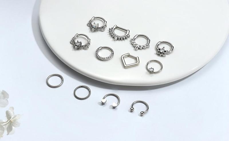 YADOCA 12pcs 16G Septum Rings for Women Men Hypoallergenic Surgical Steel Nose Piercings Jewelry Clicker Hinged Tragus Hoop Earrings CZ Love Nose Ring 8-10mm