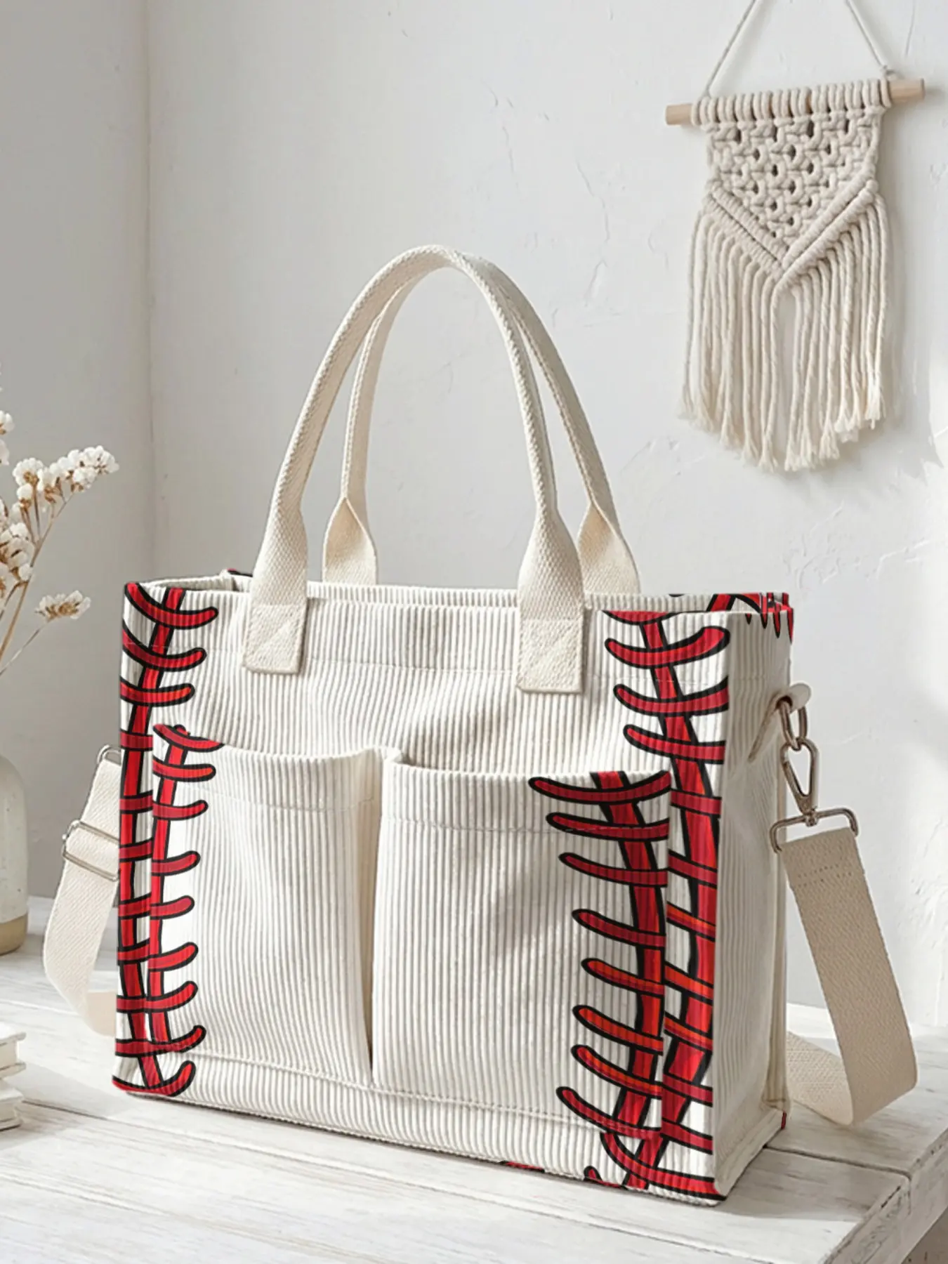 Baseball Pattern Print Travel Bag, Large Capacity Durable Crossbody Shoulder Bag, Multi-Pocket Design for Work Shopping Picnic