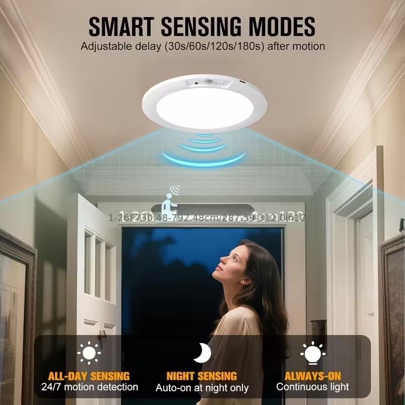 Adjustable Rechargeable LED Ceiling Light, Motion Sensor Ceiling Lamp with 3 Lighting Colors, Safe 5V Energy-Efficient Light for Living Room, Study, Kitchen & Stairs, Magnetic Installation
