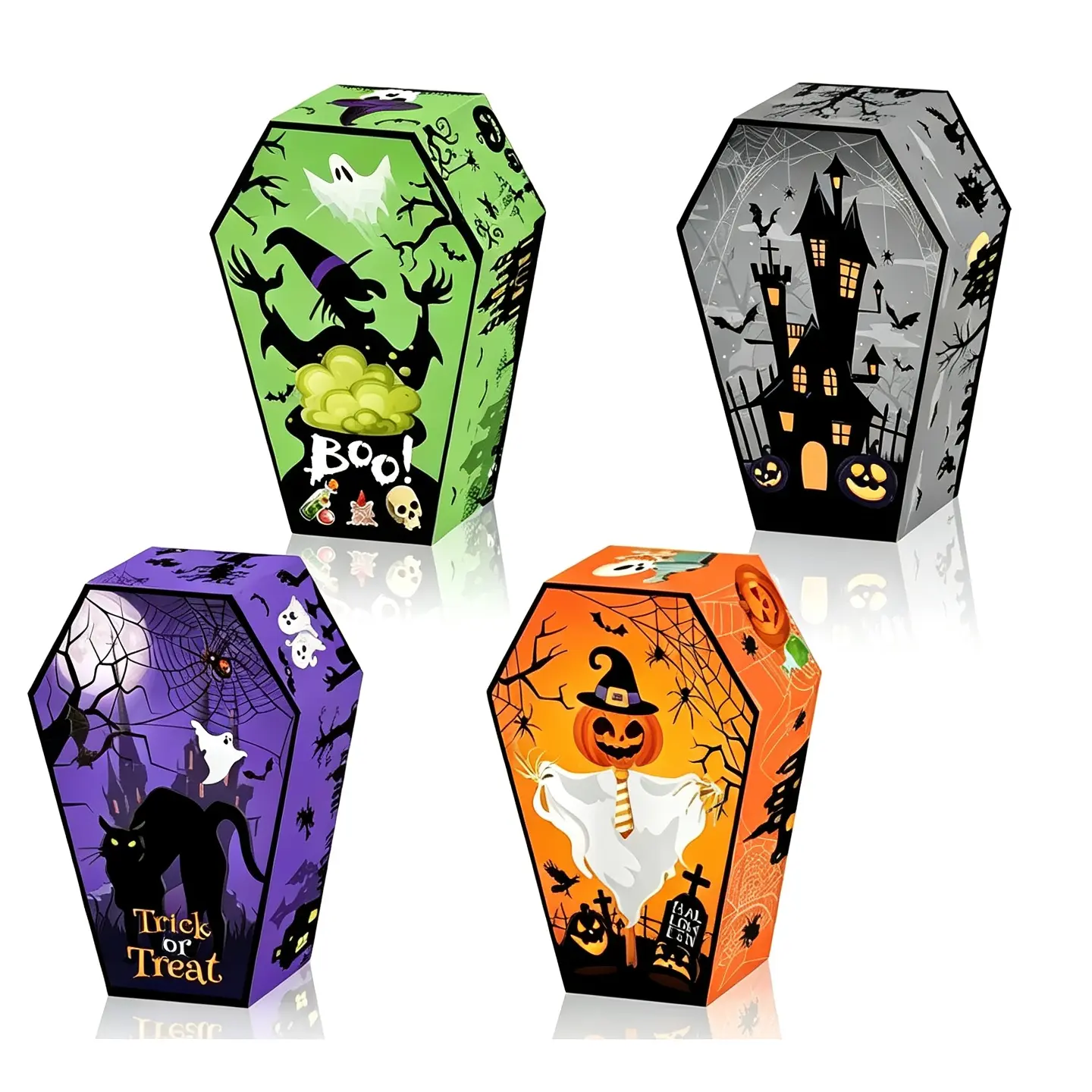 48 Halloween Coffin Candy Trays, Vampire Pumpkin Ghost Spider Snack Paper Plates, Disposable Dessert Plates, Party Decoration Supplies, Fun Festive Treats