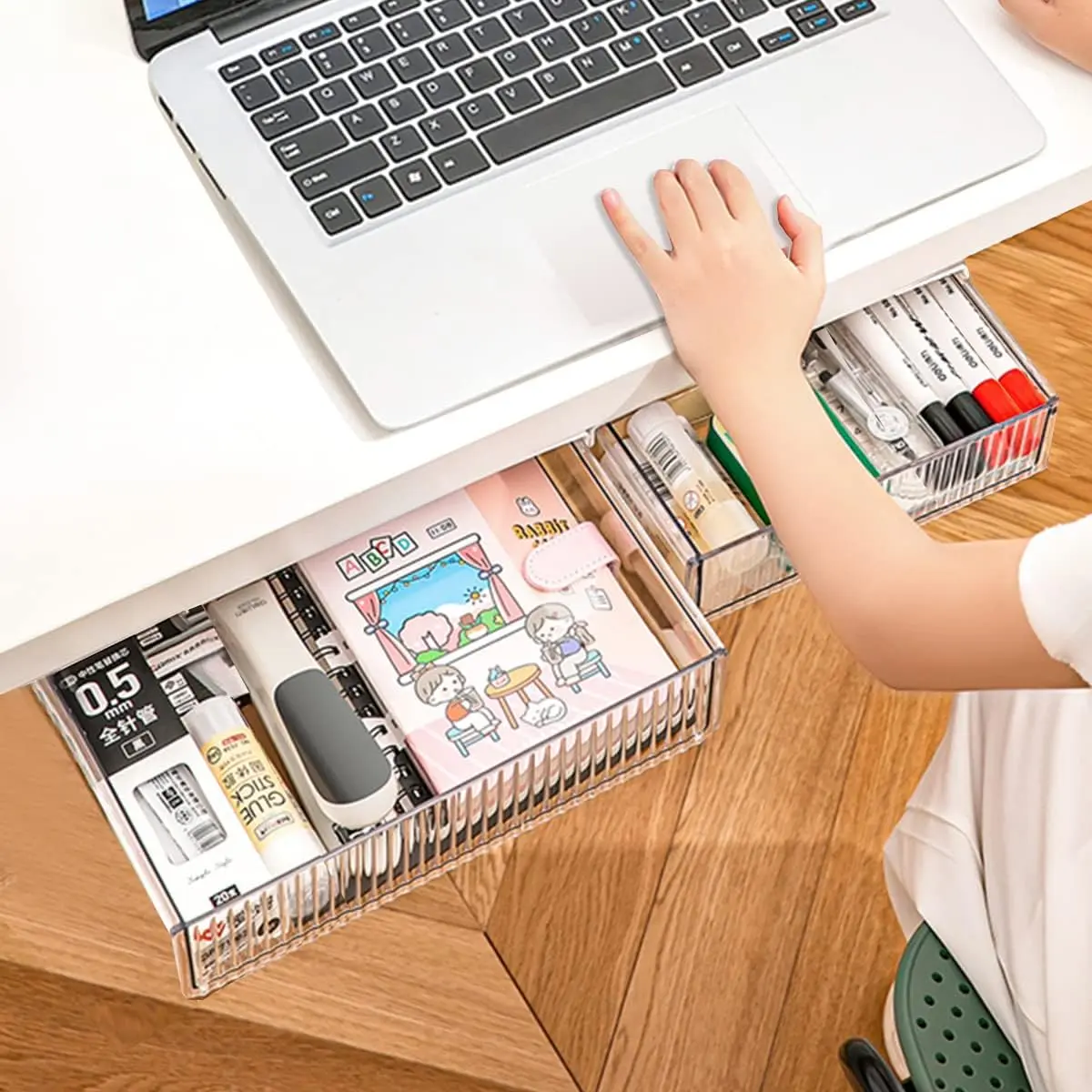 2 count Under Desk Storage Drawers Slide Out,Large&Medium,Stick  Drawers,Under Desk Organizer  Under Table Drawer for  Office School Organization and Storage-Clear White
