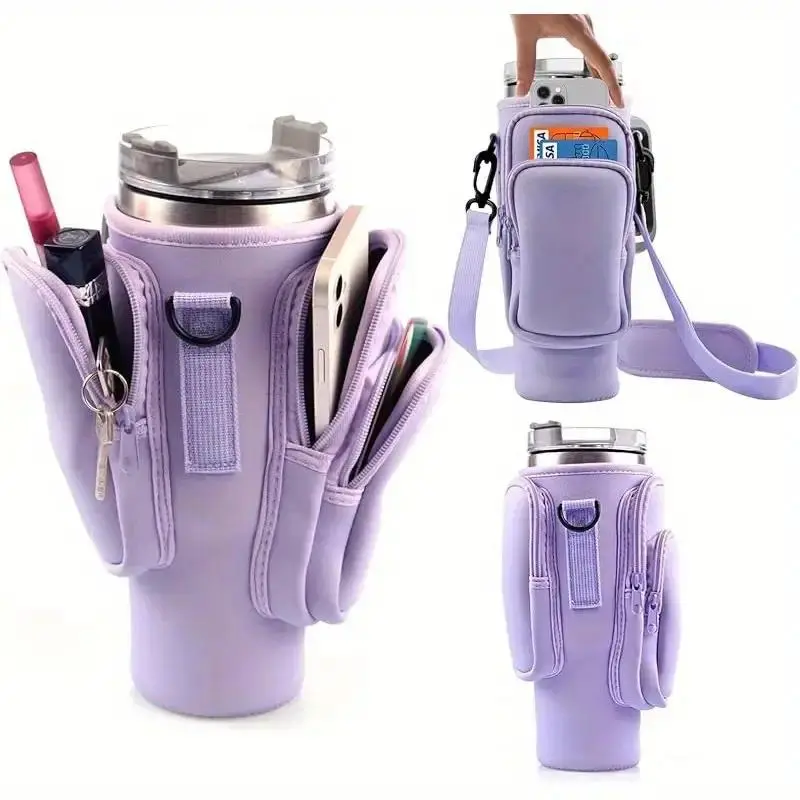 Water Bottle Carrier Bag with Phone Pocket for Stanley Cup 40/30oz,Insulated Neoprene Water Bottle Holder Pouch Cross-boday Bag with Adjustable Shoulder & Handheld Strap Stanley Cup Accessories 3 Pockets Tumbler Carrier