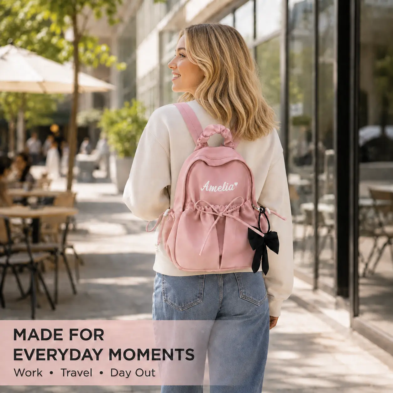 Women's Personalized Embroidered Mini Nylon Backpack - Custom, Adjustable Straps, Bow Charm, Zippered Back Pocket, Suitable for Back-to-School, Travel, Embroidery