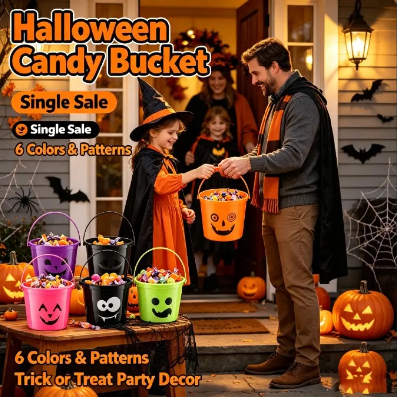 Halloween Candy Storage Bucket, Multi-Design Smiley Plastic Handheld Bucket, Party Decoration Trick-Or-Treat Prop, 6 Colors Ghost Pumpkin Bucket with Handle