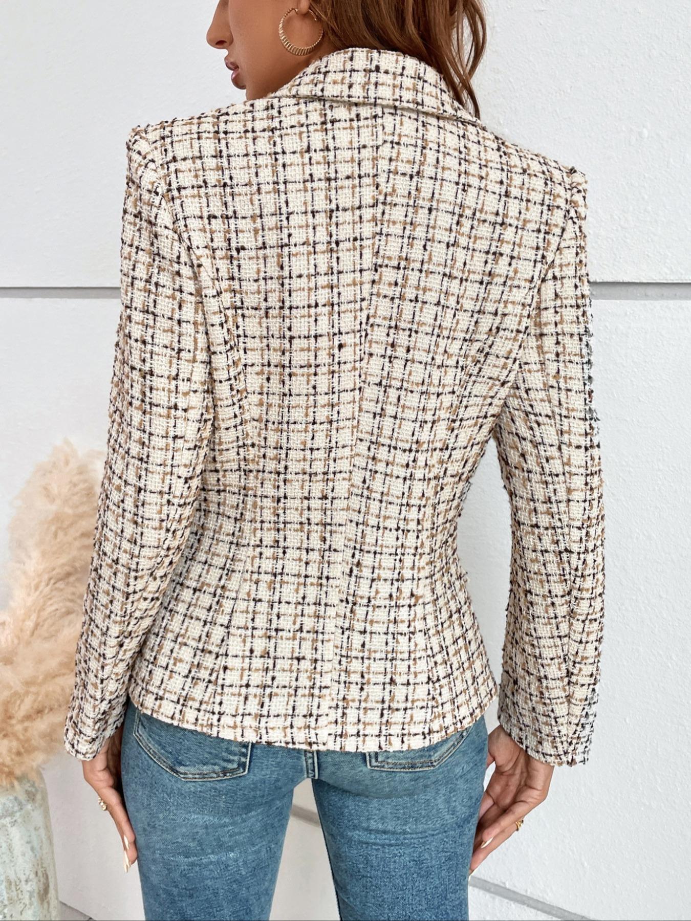 Women's Plaid Print Double Button Flap Detail Lapel Trendy Blazer, Casual Long Sleeve Outerwear for Fall & Winter, Ladies Clothes for Work Office Business, Elegant