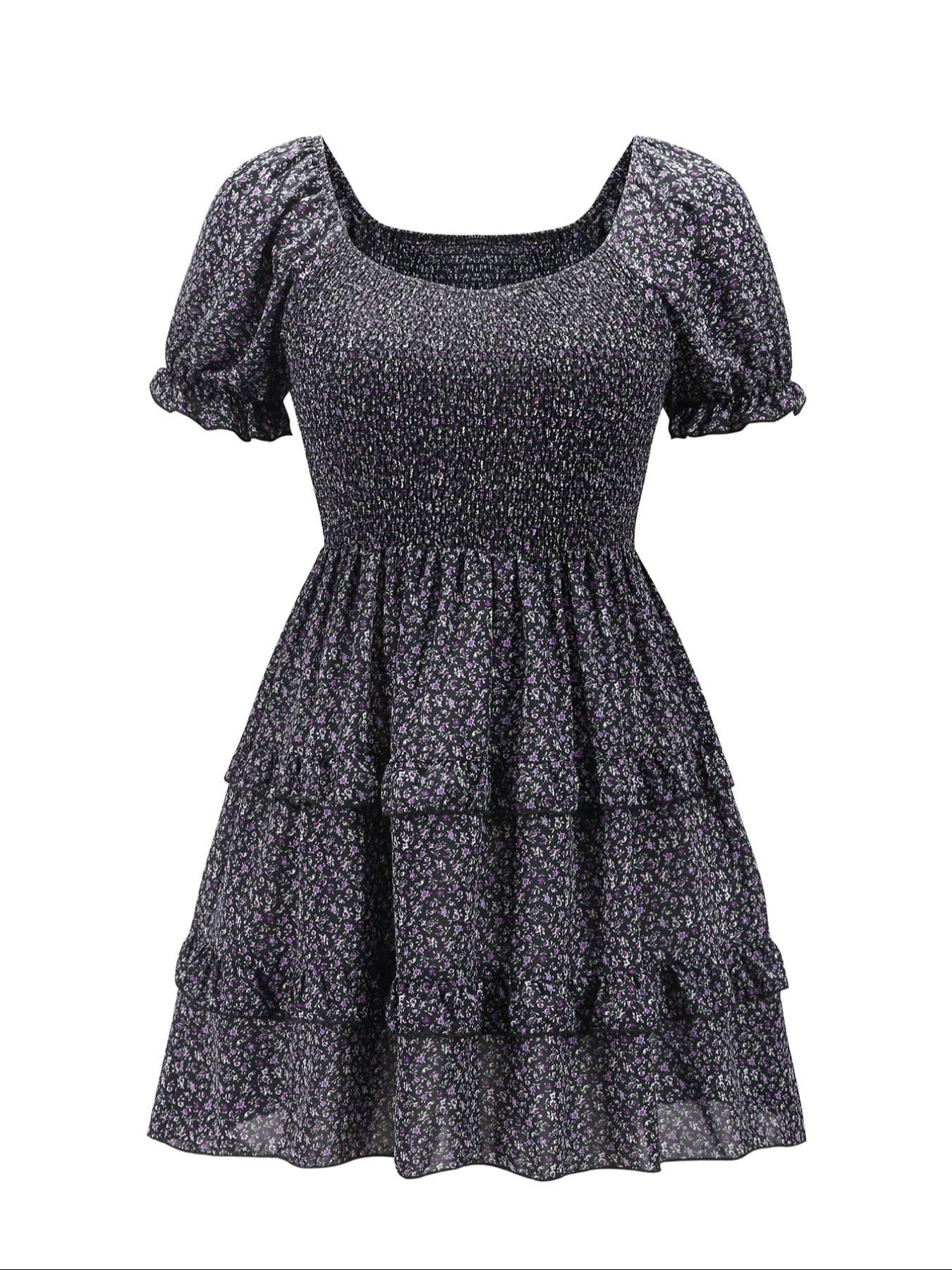 【Plus Size】 Floral Print Frill Trim A Line Dress, Boho Puff Sleeve Shirred Dress for Beach Holiday Vacation, Women's Casual Clothes for Summer