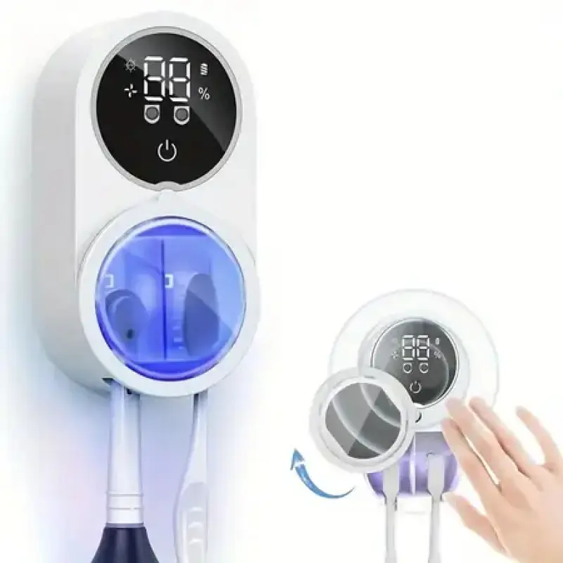 Intelligent LED display toothbrush holder, Toothbrush holders for bathrooms, smart toothbrush storage box with sensing, easy to install without drilling, USB charging, 2 brush slots, suitable for bathrooms and hotels