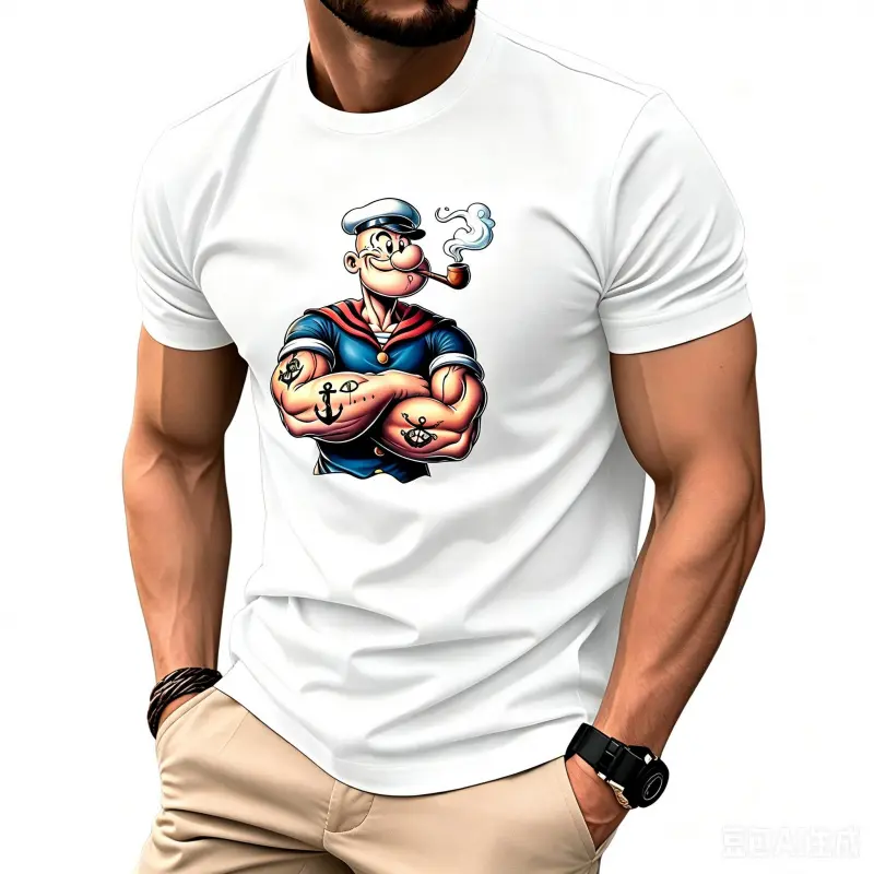 Men's Shortsleeve Slim-Fit Round Neck T-Shirt - Lightweight Breathable Outdoor Sport Clothes, Popeye Cartoon Graphic with Iconic Pipe, Cold Wash High-Quality Streetwear for Casual Gatherings, Outdoors Use, T Shirts, Tailored Cut