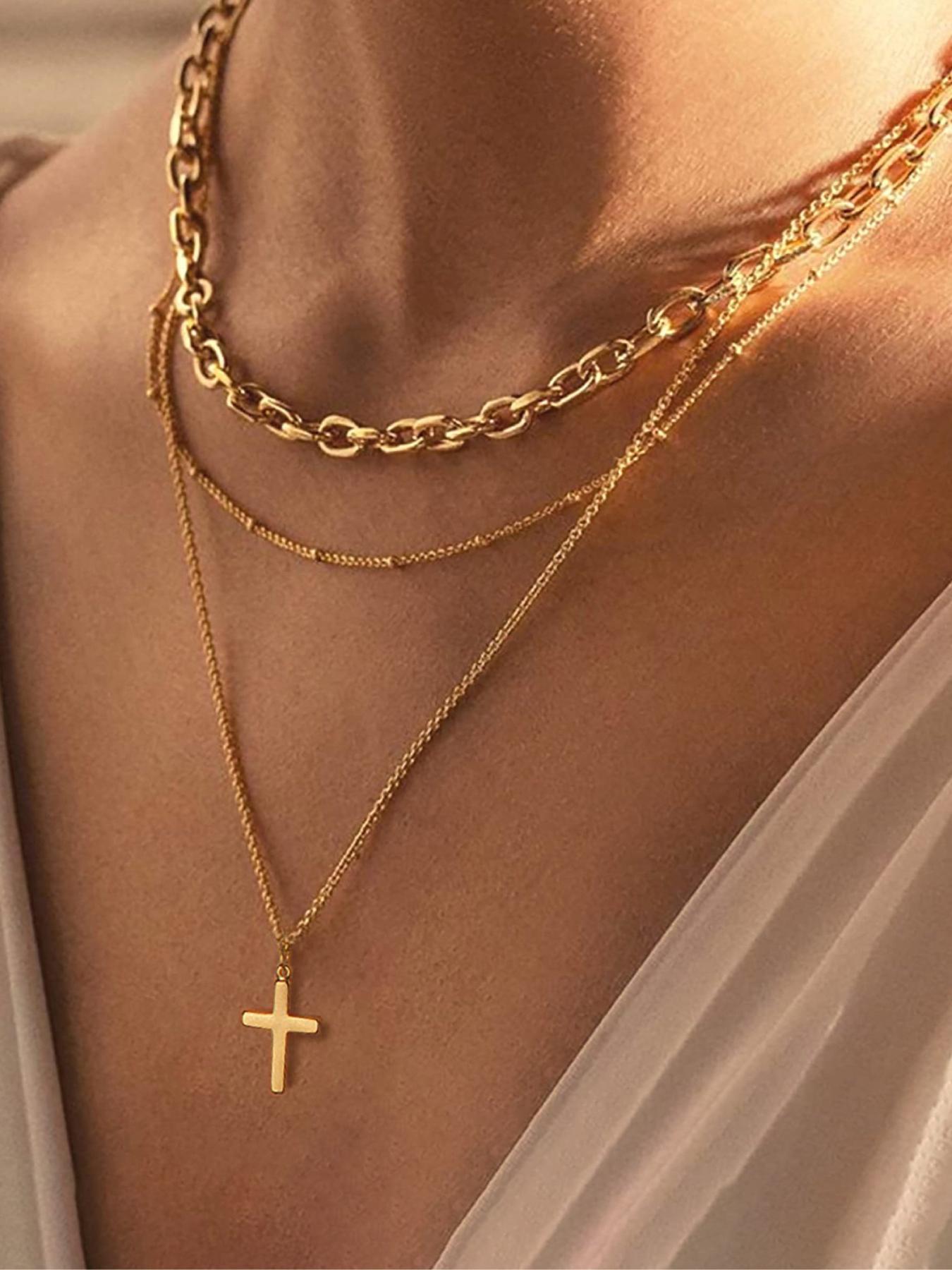 Simple Stainless Steel Cross Design Layered Necklace, Fashion Jewelry for Party, Daily Clothing Decor, Trendy All-match & Exquisite Jewelry for Birthday Gift