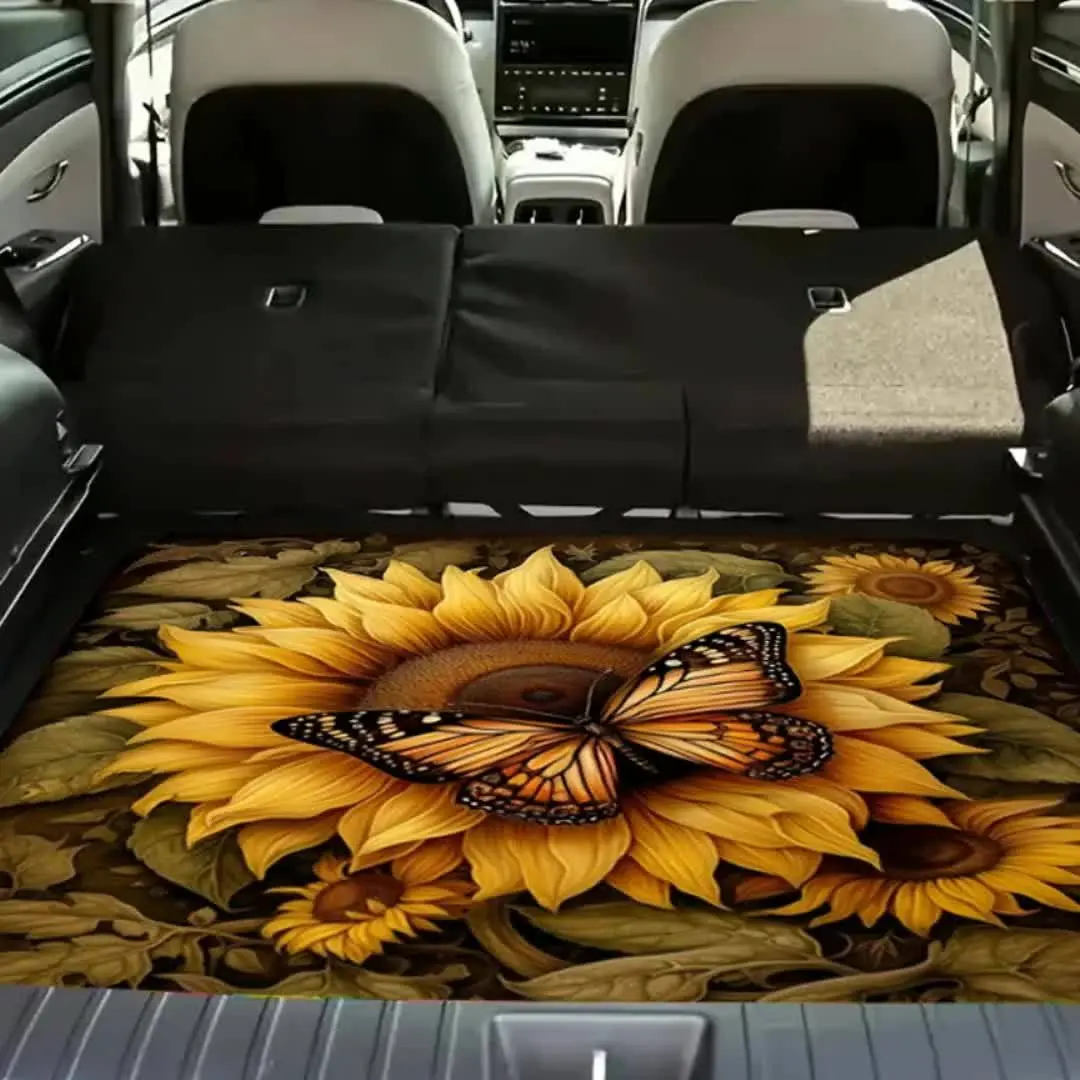 Sunflower Butterfly Print Car Trunk Mat - Soft Fabric Cargo Liner for Cars-SUVs, Durable, Non-Slip, Machine Washable, Easy-to-Clean Interior Mat with Stylish Natural Design