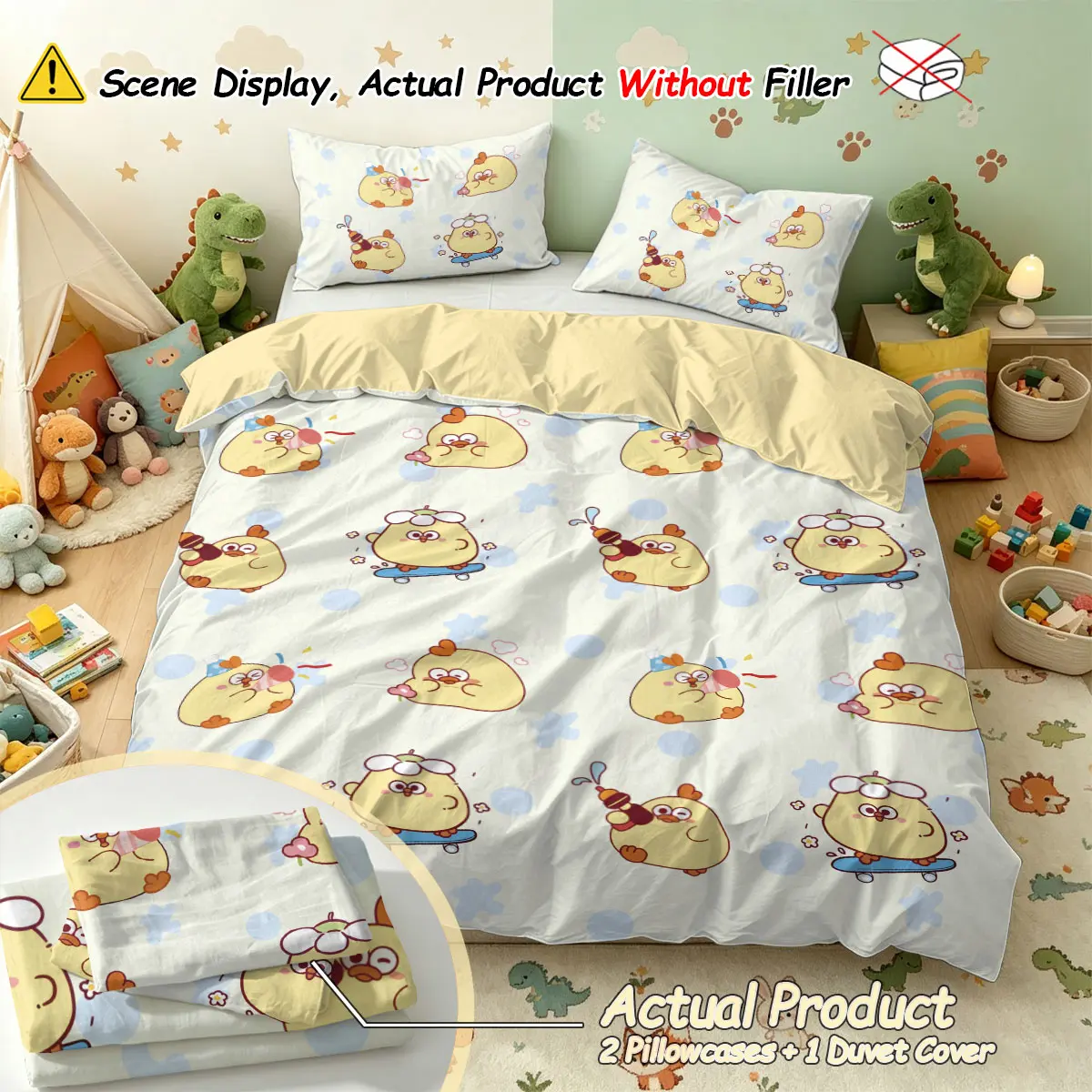 (1 Duvet Cover + 2 pillowcases, no filler),Fun chick print, Cute Bedding, Soft comfy polyester 3-piece Duvet Cover Set bedding set with vivid clear patterns, nice room decor and exquisite gift for home bedroom