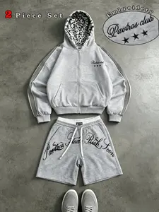 Men's Leopard Print Hoodie and Shorts Set, Side Stripes, Zipper Jacket, High Waist Drawstring Pants, Y2K Streetwear, Casual Fitness