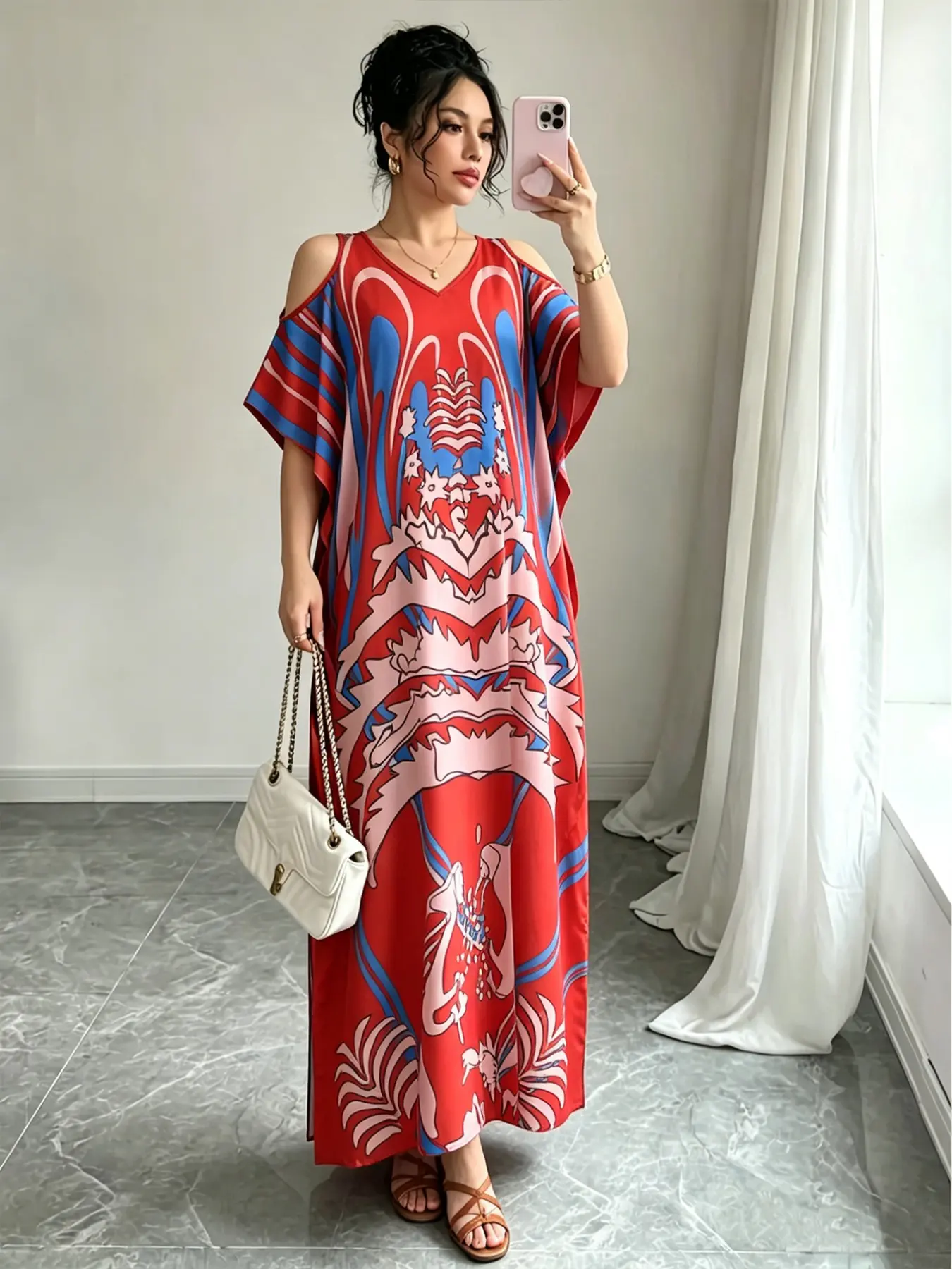 Women's Traditional Muslim Robe, Modesty Wear, Modest Style, Casual V-Neck Full Print Loose Fit Long Dress, Beach Vacation Split Hem Cover-Up, Beach Kaftans, Caftan Beach, Kaftan Boubou Robe