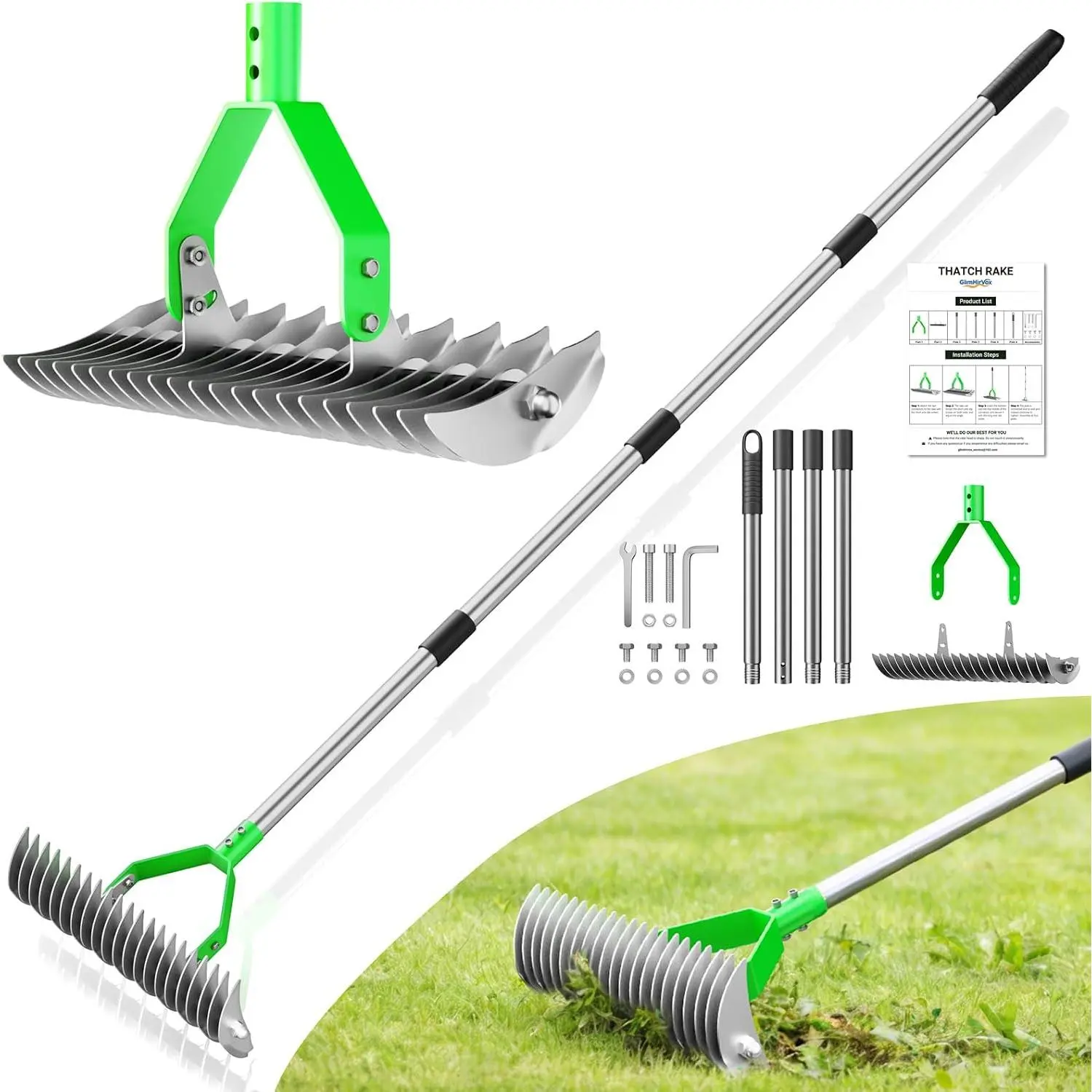 Heavy-Duty 21-Tine Lawn Thatch Rake, 15" Dethatcher Rake with 68" Aluminum Handle
